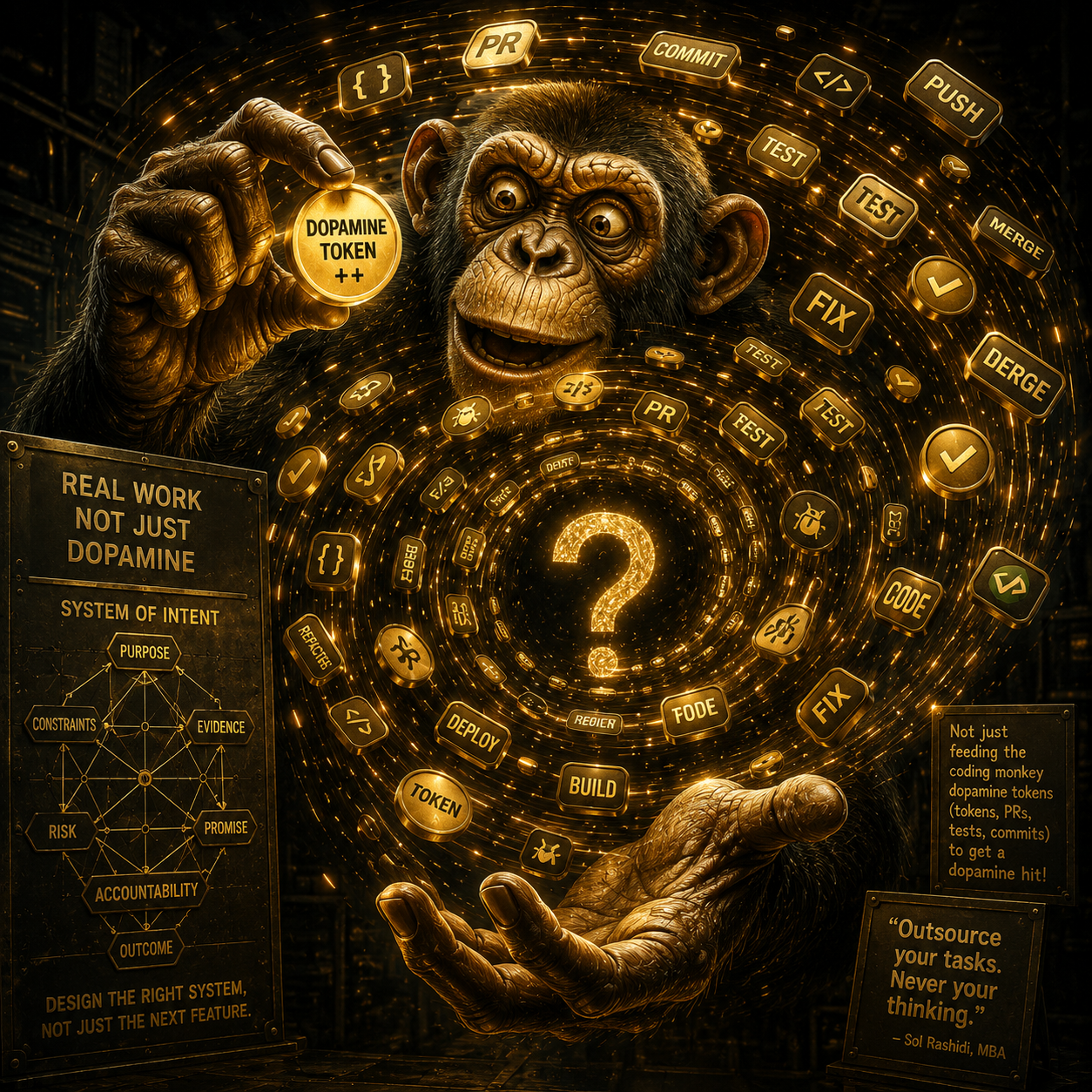 A coding monkey holding a dopamine token while implementation tokens spiral around a question mark
