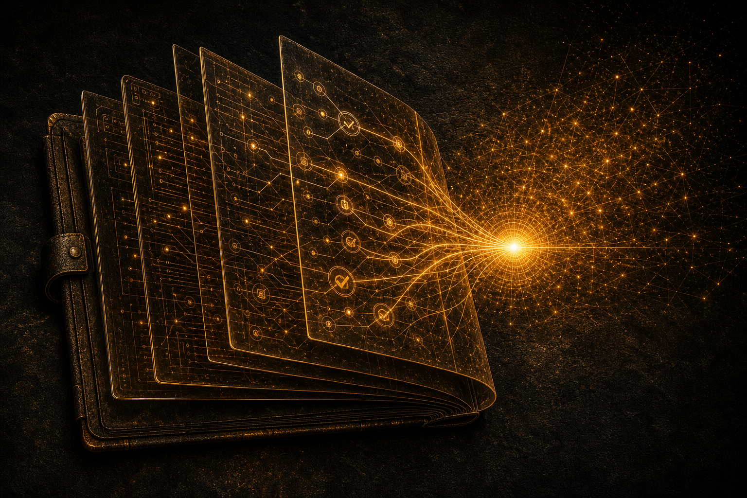 A glowing amber reasoning ledger preserving decision paths, verification marks, and trusted outcome traces
