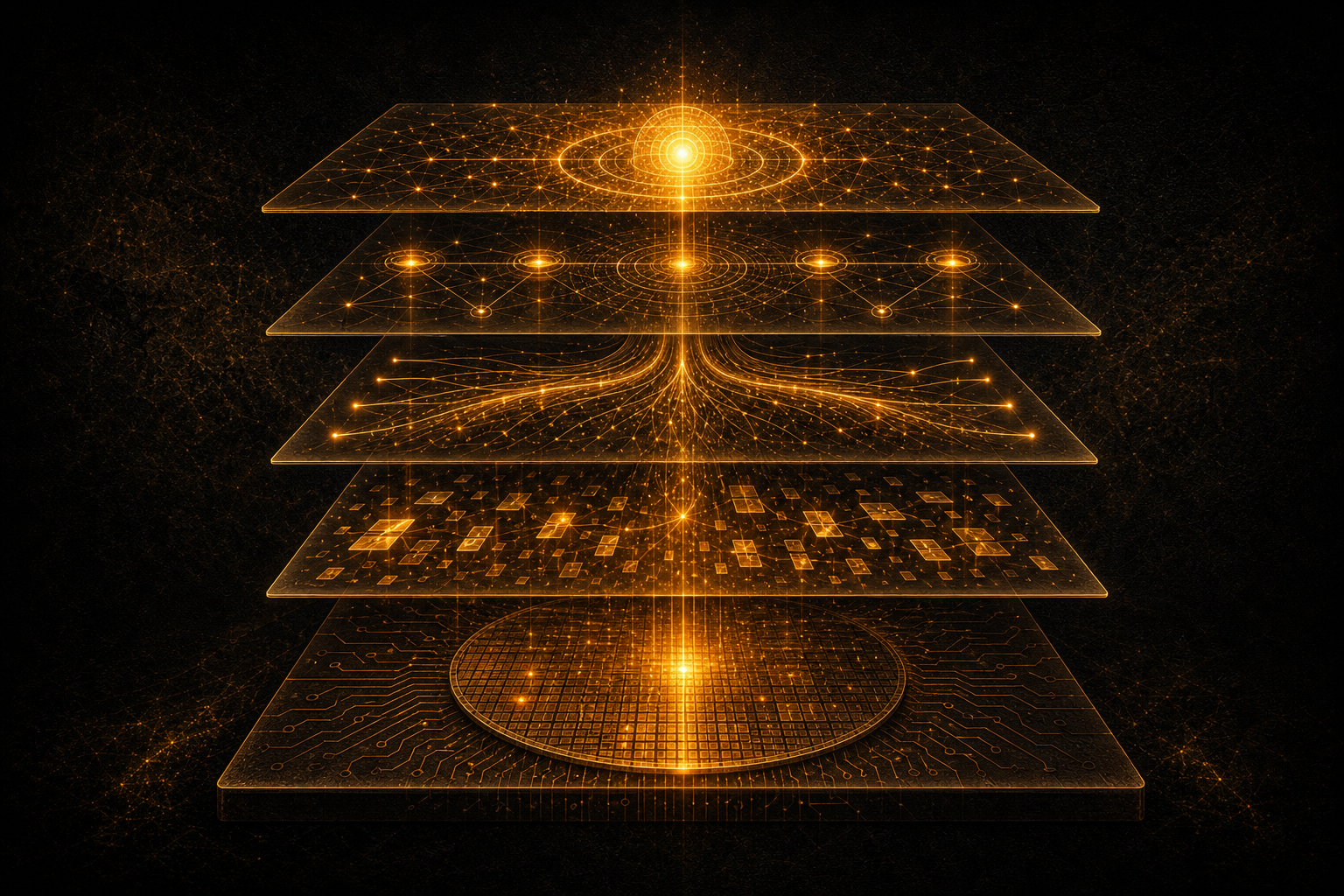 A luminous layered signal stack rising from silicon and token fragments toward a trusted outcome
