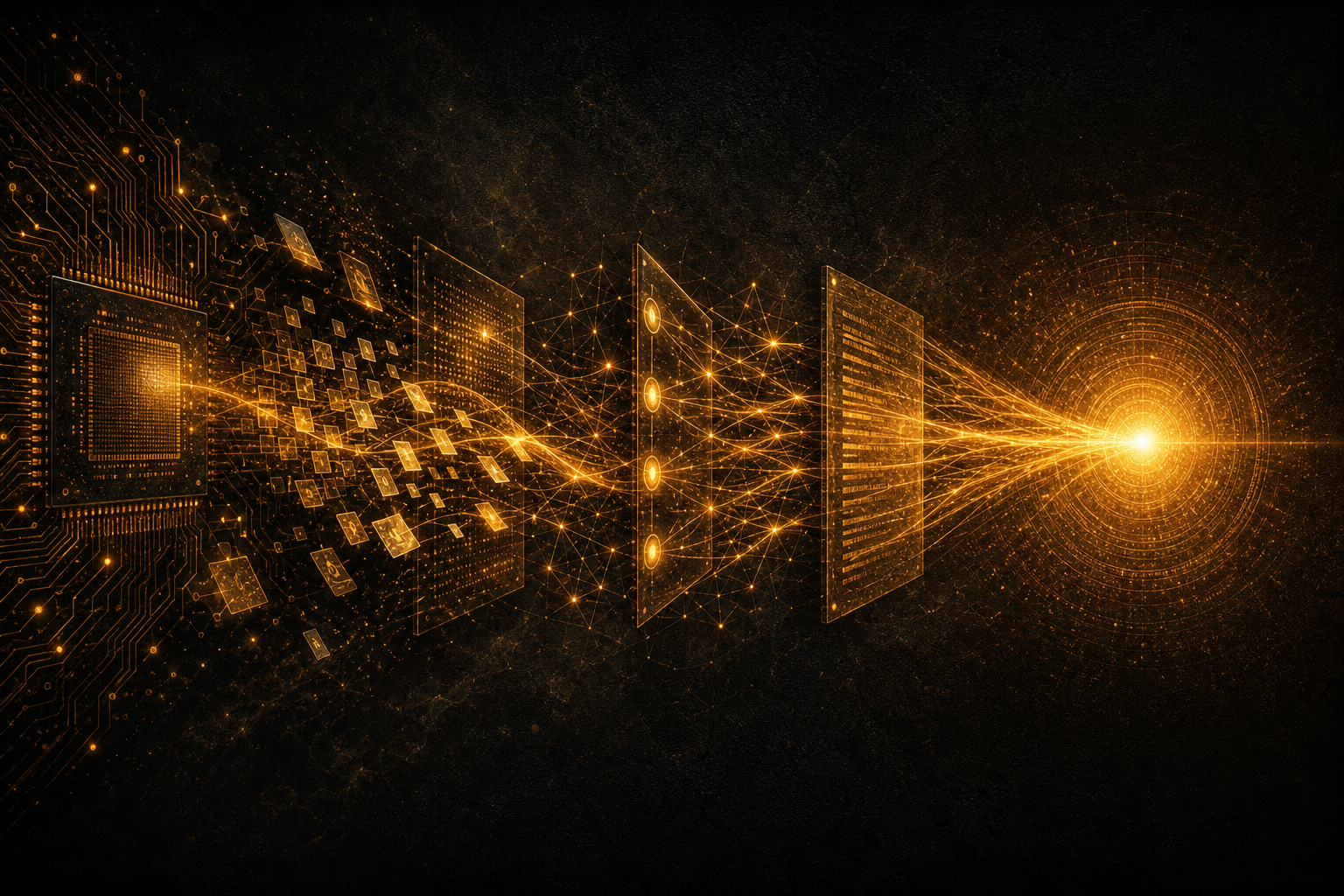 Luminous amber engineering signals flowing from compute through verification layers into a trusted outcome